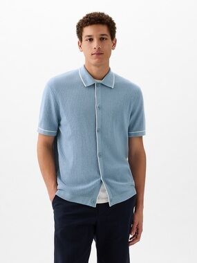 GAP Light Blue Short-Sleeve Button Knit Polo with White Trim